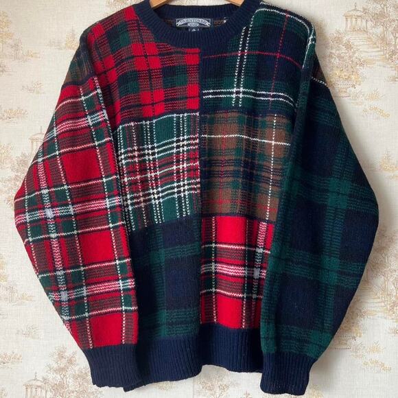 1990s Thornton Bay Wool Patchwork SweaterIntarsia Tartan KnitSize Large